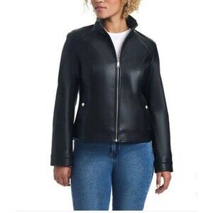 NWT Vince Camuto Women's Faux Leather Pockets Long Sleeves Jacket, Black, Size L